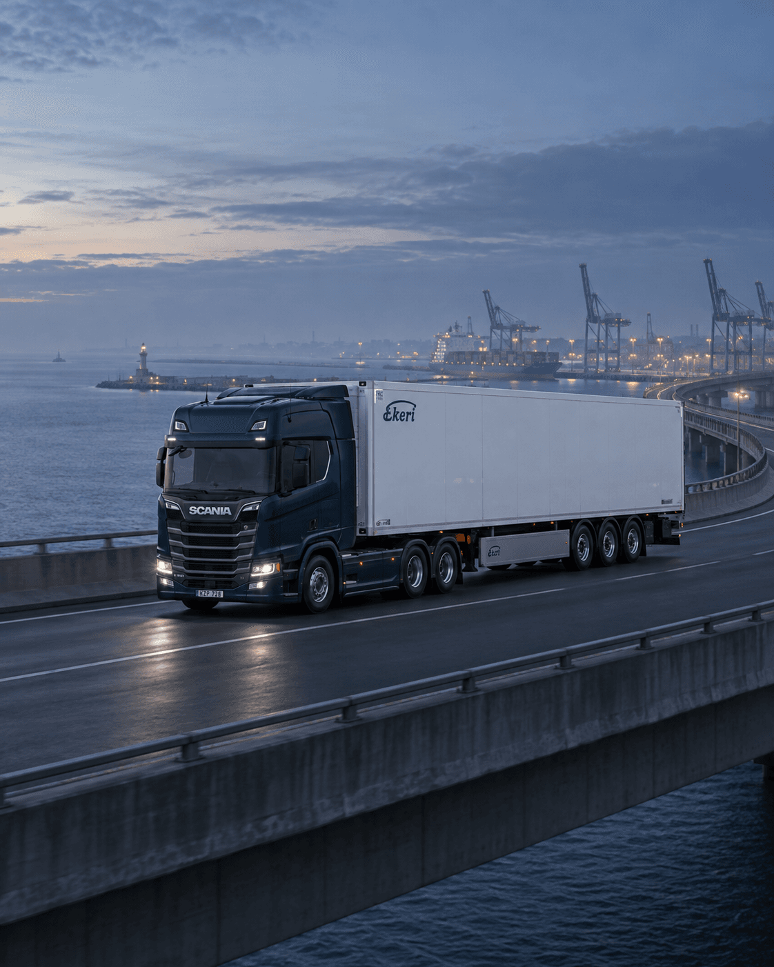 Un camion et sa remorque sur un viaduc devant un port à l’aube. Visuel généré pour la connexion Tranzio.